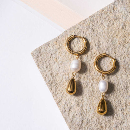 Pearl Drop Hoop Earrings - 18K Gold Plated