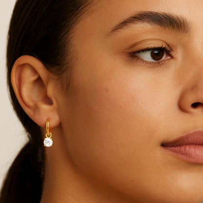 Pluna Hoop Solitaire Earrings - 18K Gold Plated