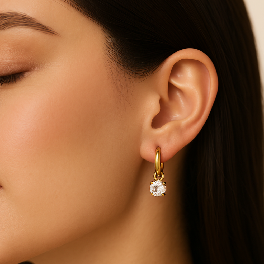 Pluna Hoop Solitaire Earrings - 18K Gold Plated