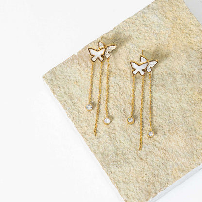 Butterfly Enamel Thready Earrings - 18K Gold Plated