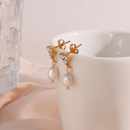 Pearl Trio Drop Studs Earrings - 18K Gold Plated