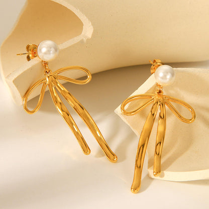 Pearl Bow Drop Earrings - 18K Gold Plated