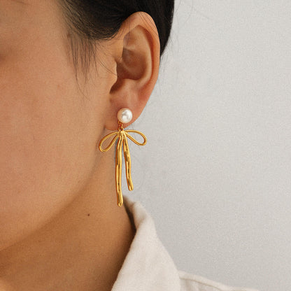 Pearl Bow Drop Earrings - 18K Gold Plated