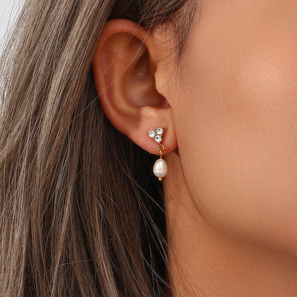 Pearl Trio Drop Studs Earrings - 18K Gold Plated