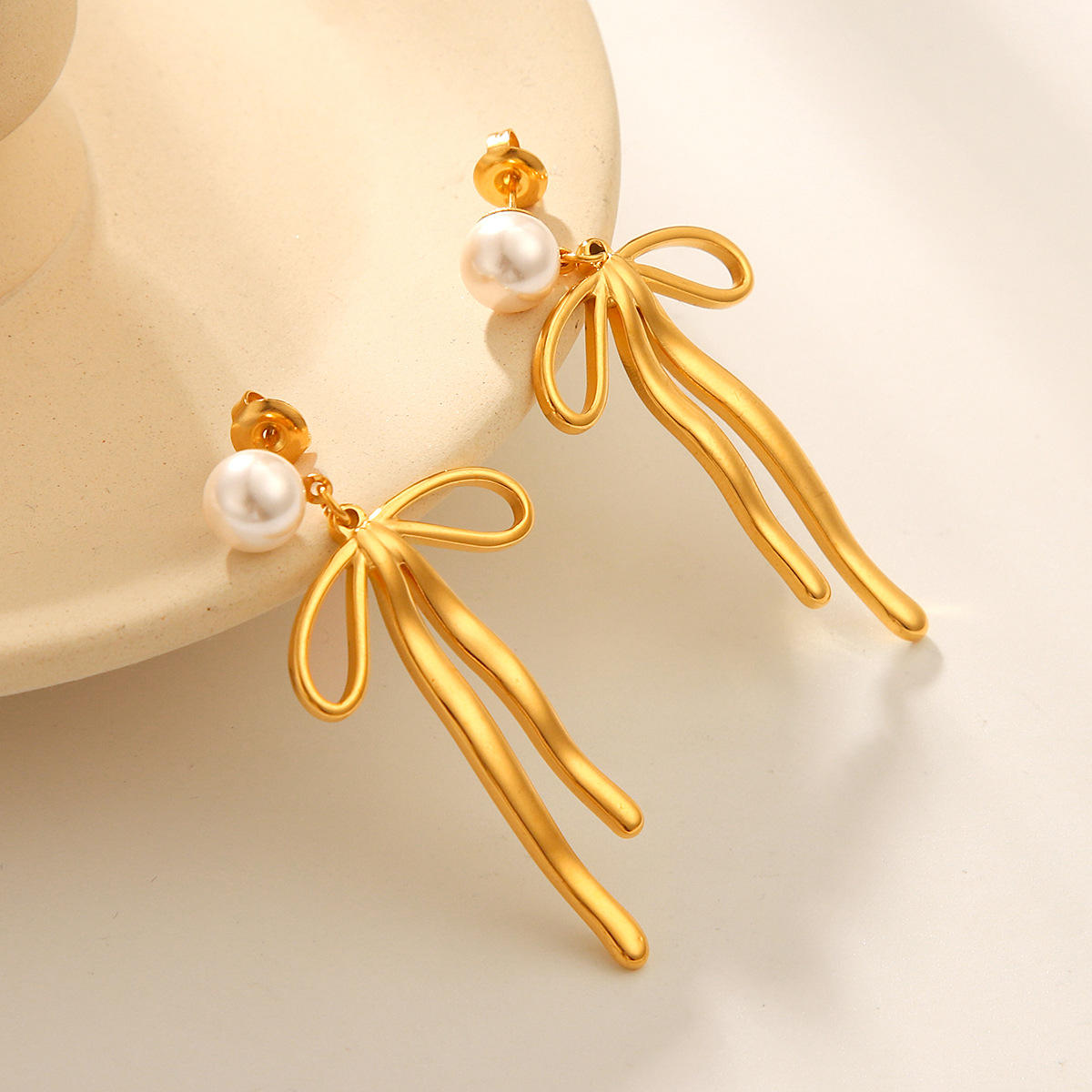 Pearl Bow Drop Earrings - 18K Gold Plated