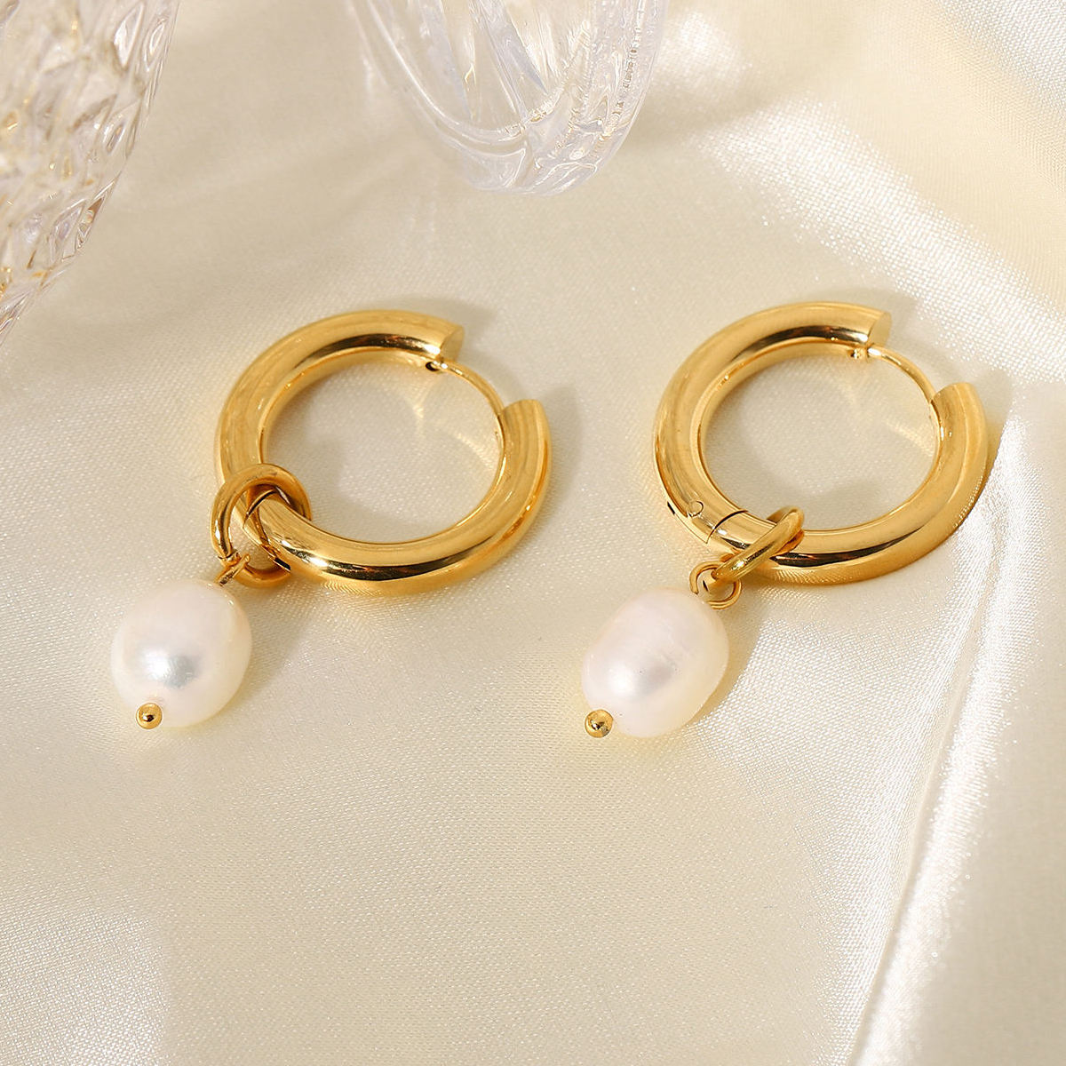 Serena Pearl Drop Hoops Earrings – 18K Gold Plated