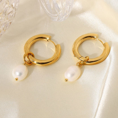 Serena Pearl Drop Hoops Earrings – 18K Gold Plated