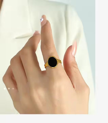 Black Oval Onyx Ring (Adjustable) - 18k Gold Plated Online at best