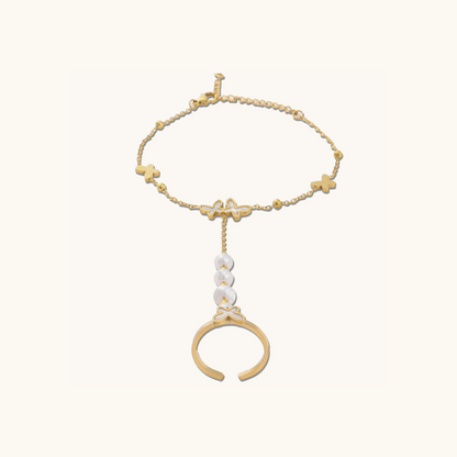 Tri Butterfly Pearl Ring Bracelet (2 in 1) - 18K Gold Plated