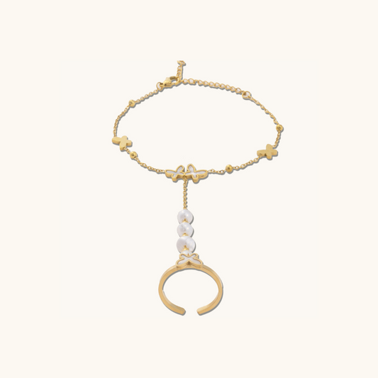 Tri Butterfly Pearl Ring Bracelet (2 in 1) - 18K Gold Plated