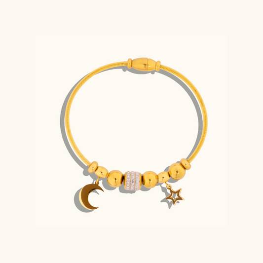 Moon Star Charms Magnetic Bracelet Bangle - 18K Gold Plated