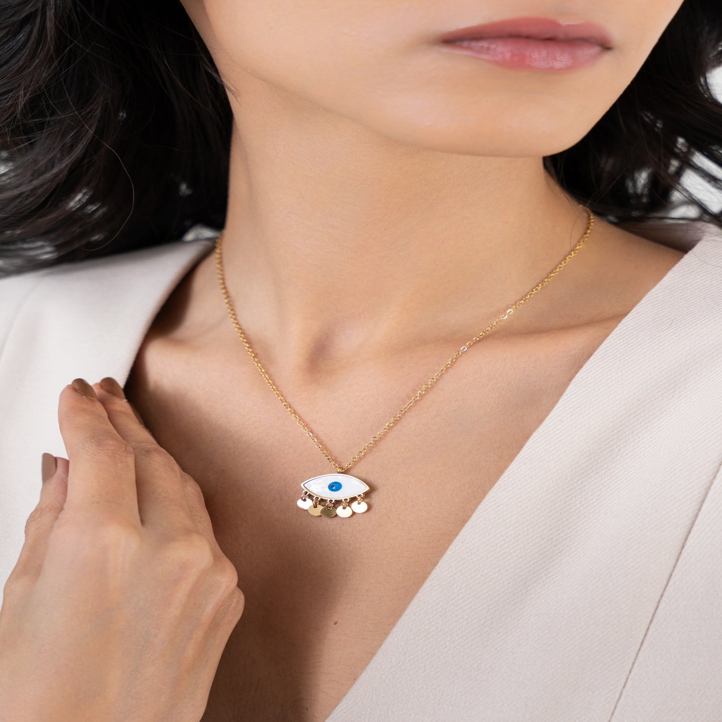 Evil Eye Herringbone Necklace - 18K Gold Plated