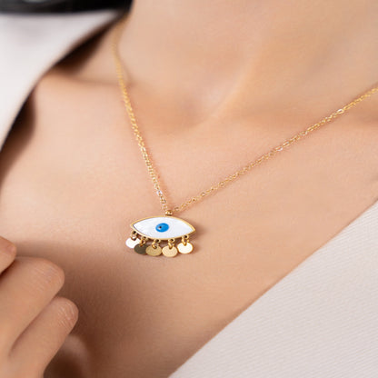Evil Eye Herringbone Necklace - 18K Gold Plated