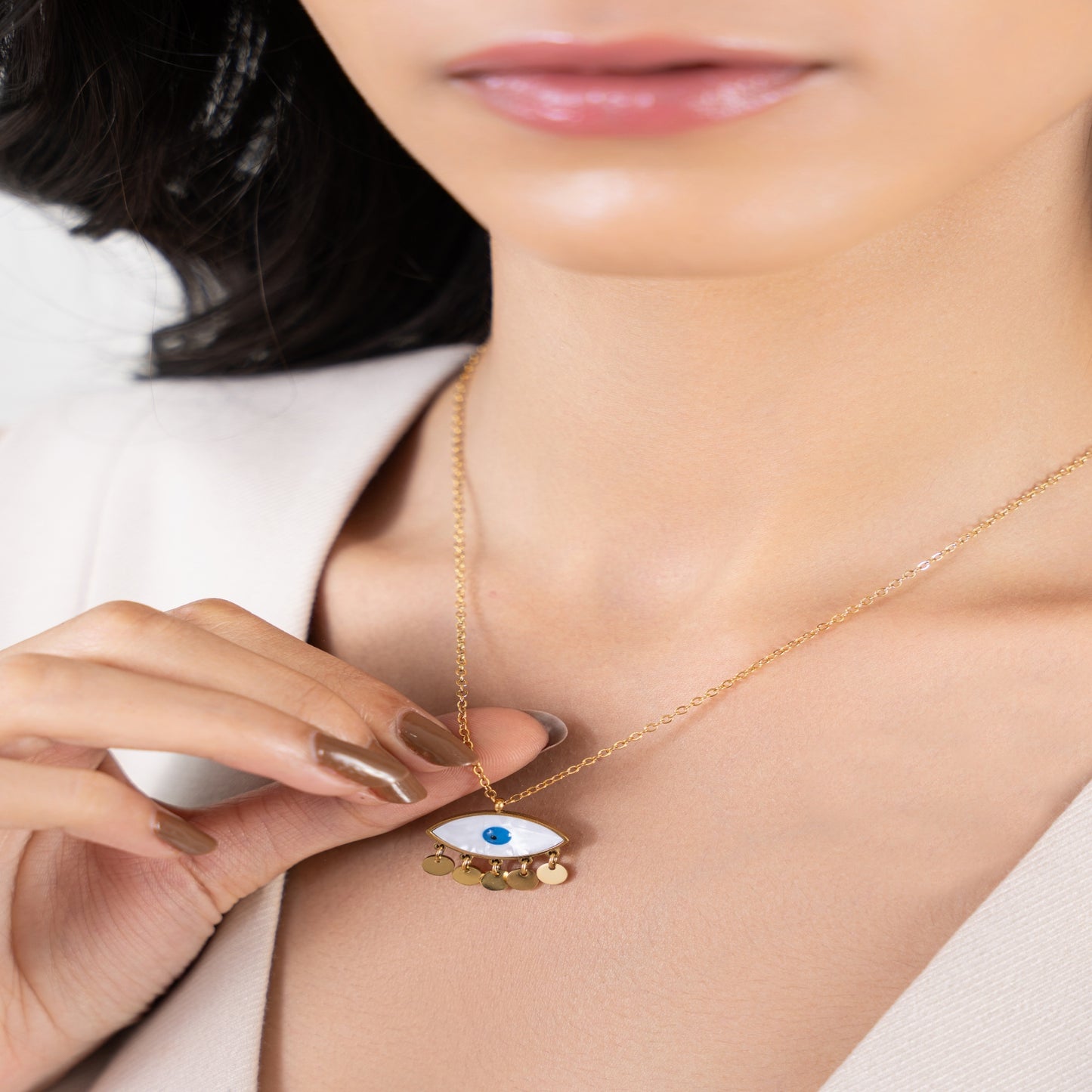 Evil Eye Herringbone Necklace - 18K Gold Plated
