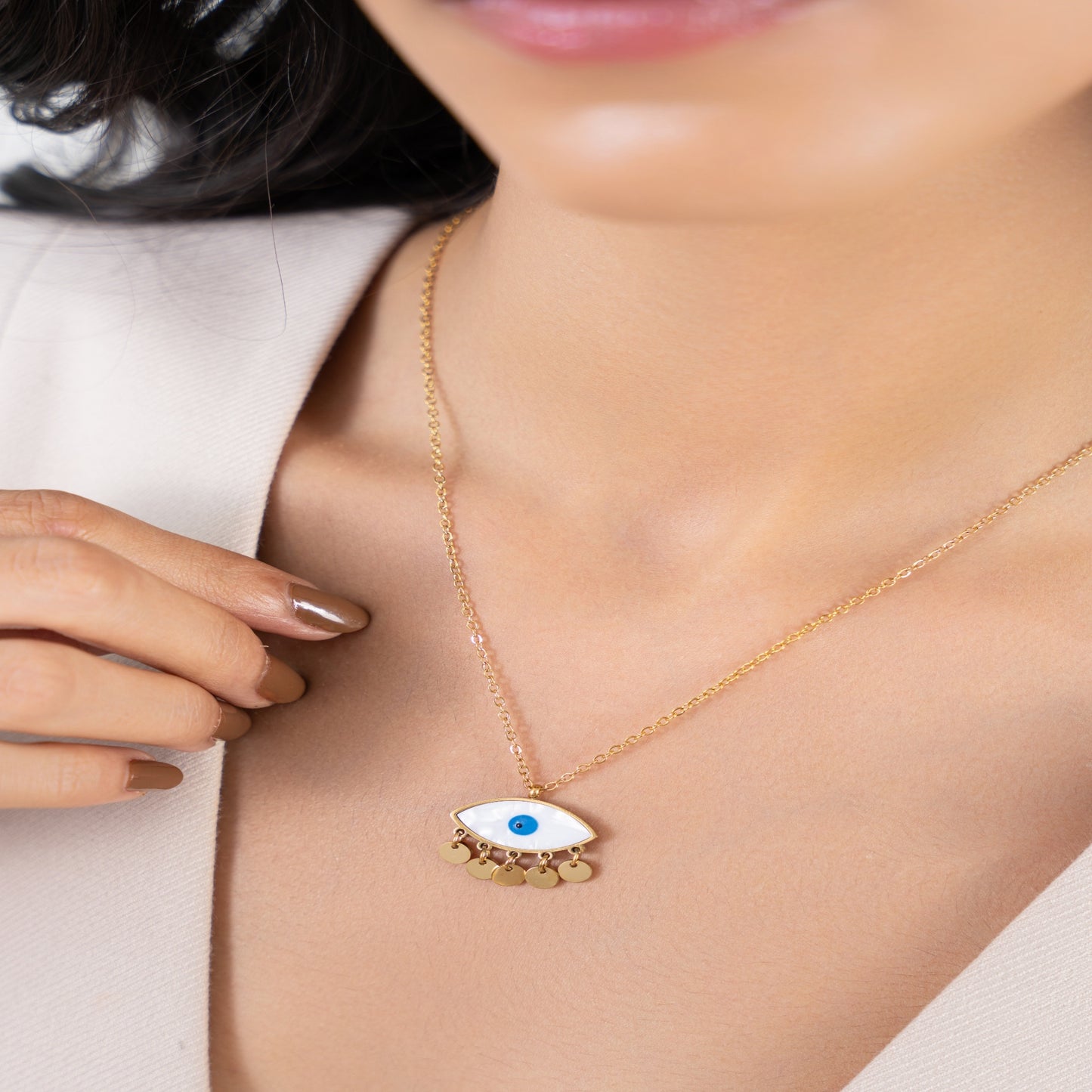 Evil Eye Herringbone Necklace - 18K Gold Plated