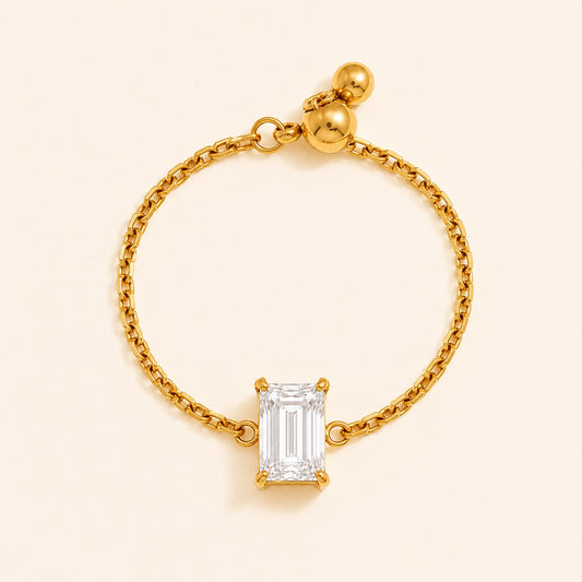 Verona Emerald Chain Ring - 18K Gold Plated (Adjustable)