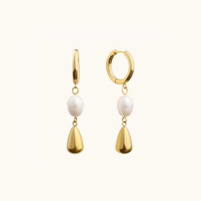 Pearl Drop Hoop Earrings - 18K Gold Plated