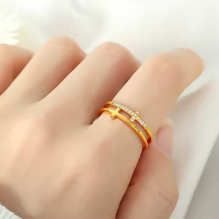 Double Cross Diamond Ring - 18K Gold Plated