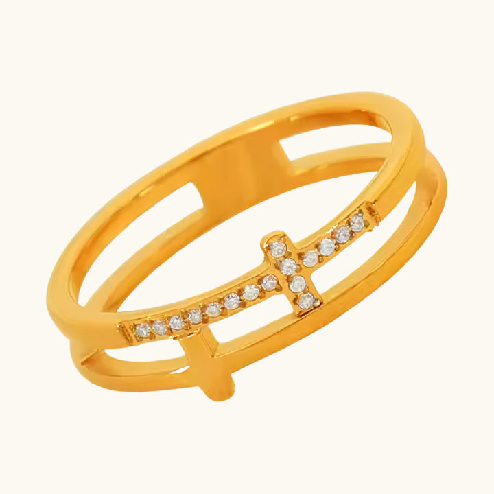 Double Cross Diamond Ring - 18K Gold Plated
