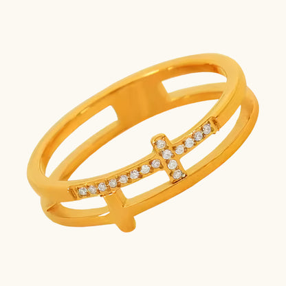 Double Cross Diamond Ring - 18K Gold Plated