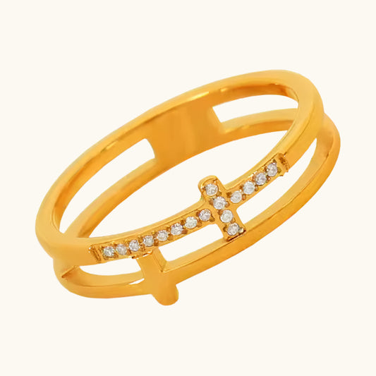 Double Cross Diamond Ring - 18K Gold Plated