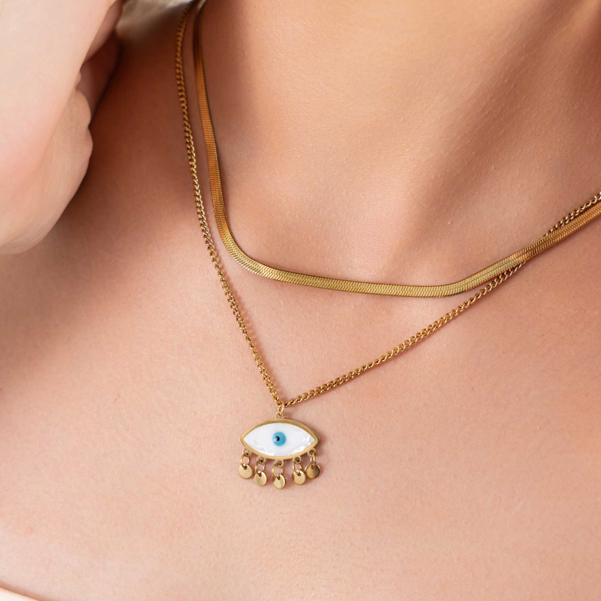 Buy Evil Eye Herringbone Multilayer Necklace - 18K Gold Plated online jewellery
