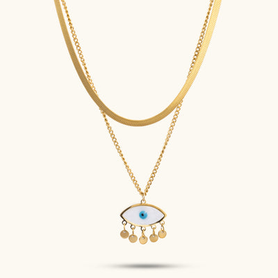 Evil Eye Herringbone Multilayer Necklace - 18K Gold Plated