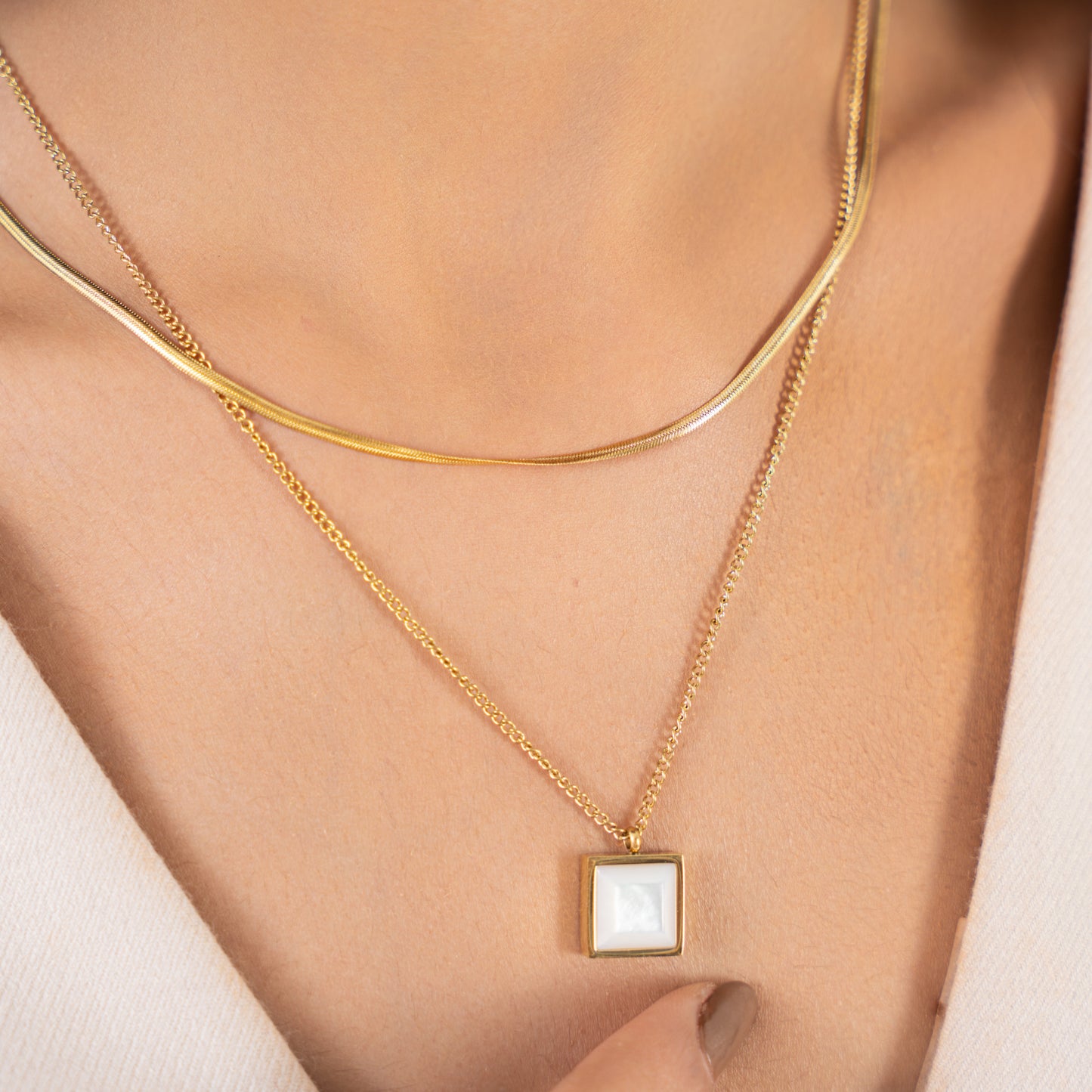 Enamel Layered Herringbone Necklace - 18K Gold Plated