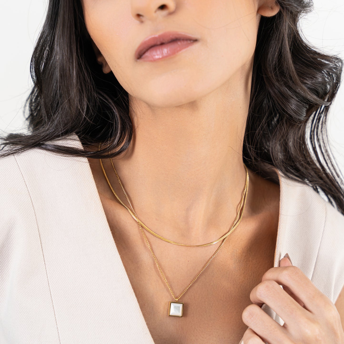 Enamel Layered Herringbone Necklace - 18K Gold Plated