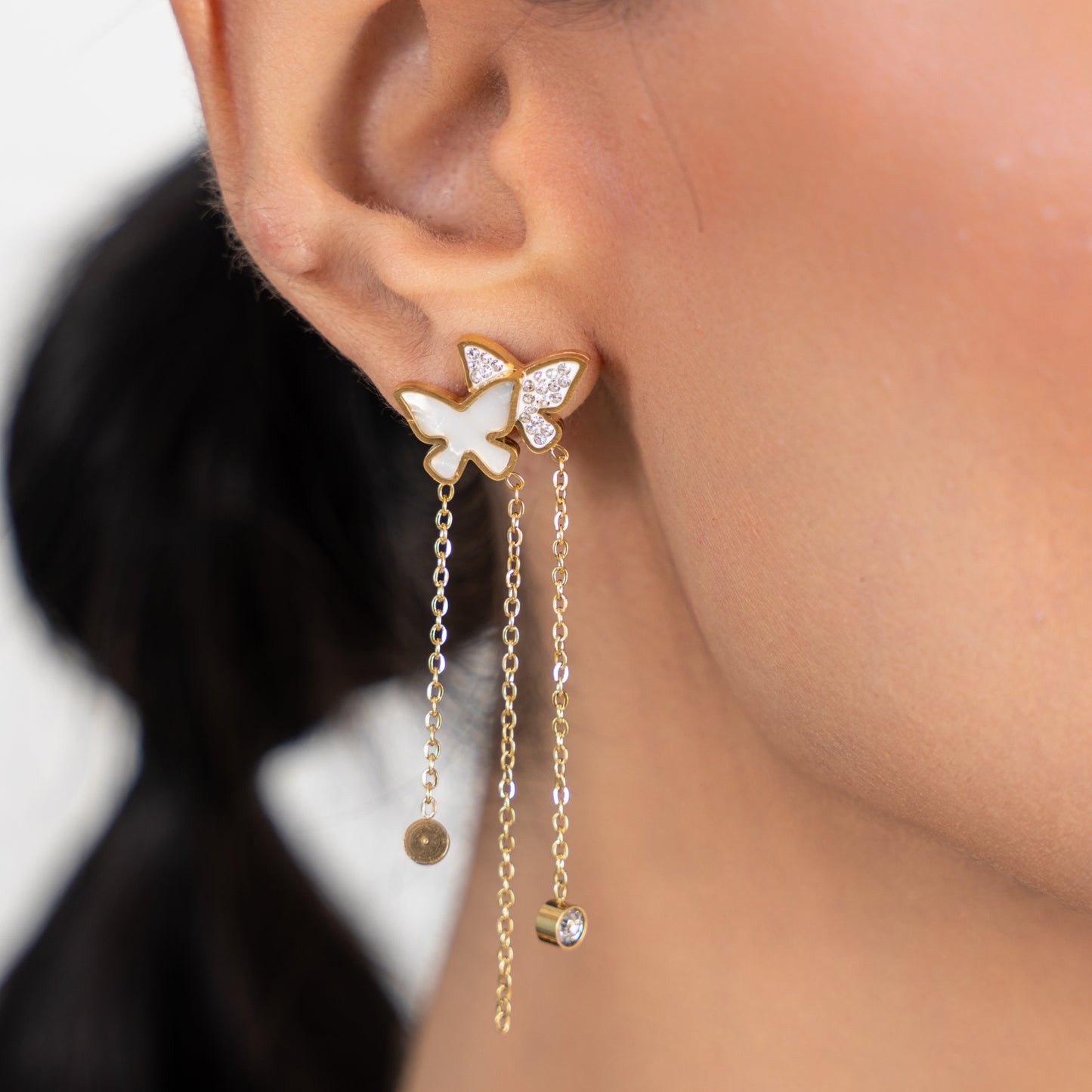 Butterfly Enamel Thready Earrings - 18K Gold Plated