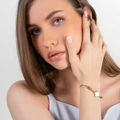Classy Clover White and Gold Bracelet - 18K Gold Plated