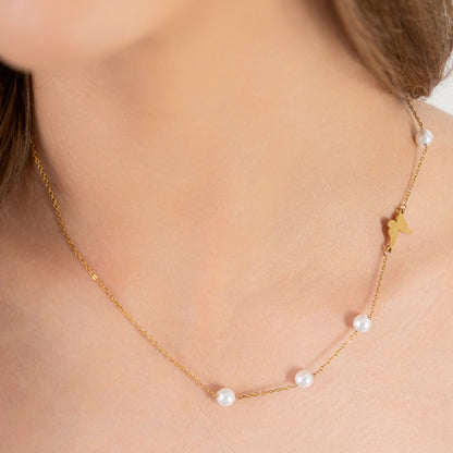 Pearl Ball Drop Butterfly Necklace - 18K Gold Plated