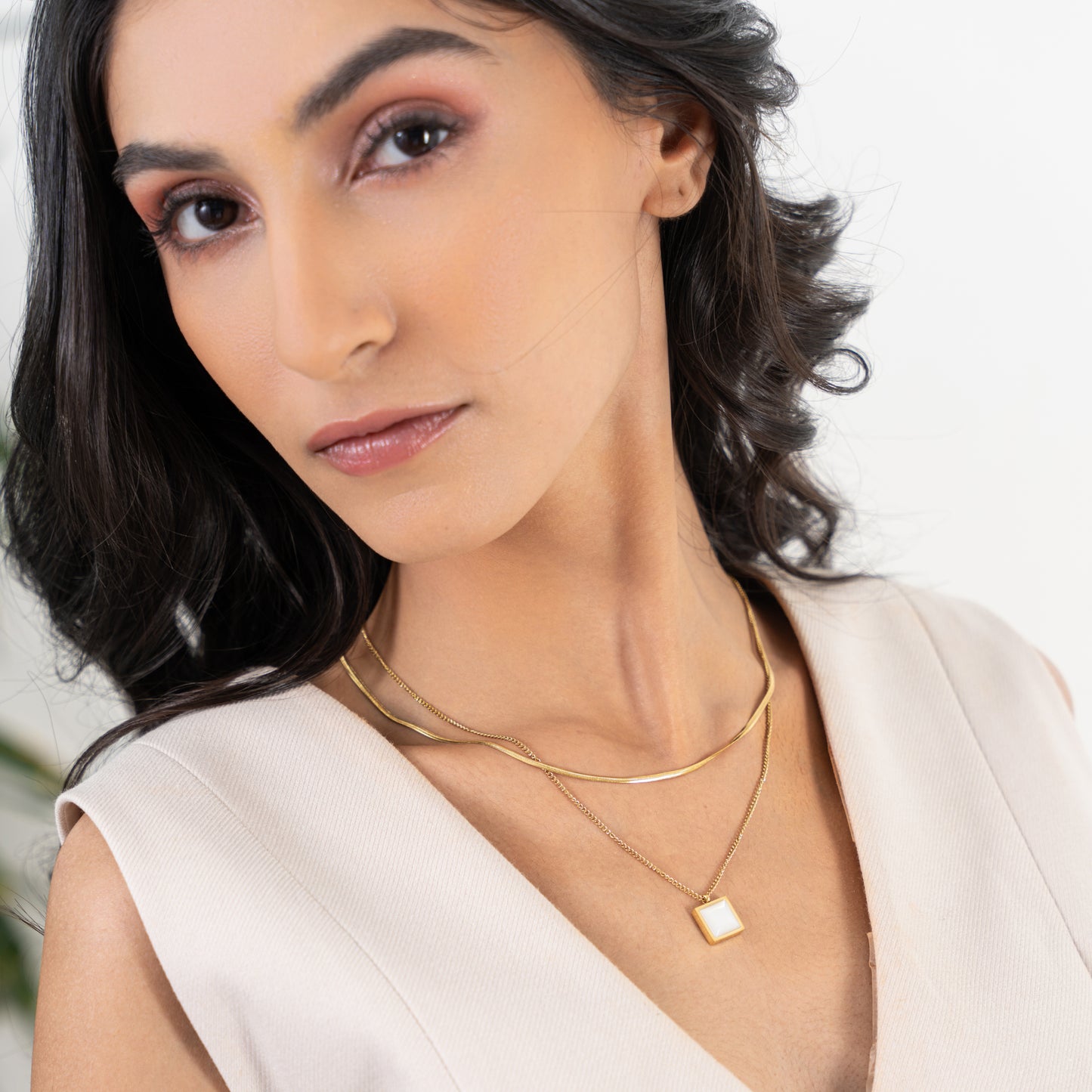 Enamel Layered Herringbone Necklace - 18K Gold Plated