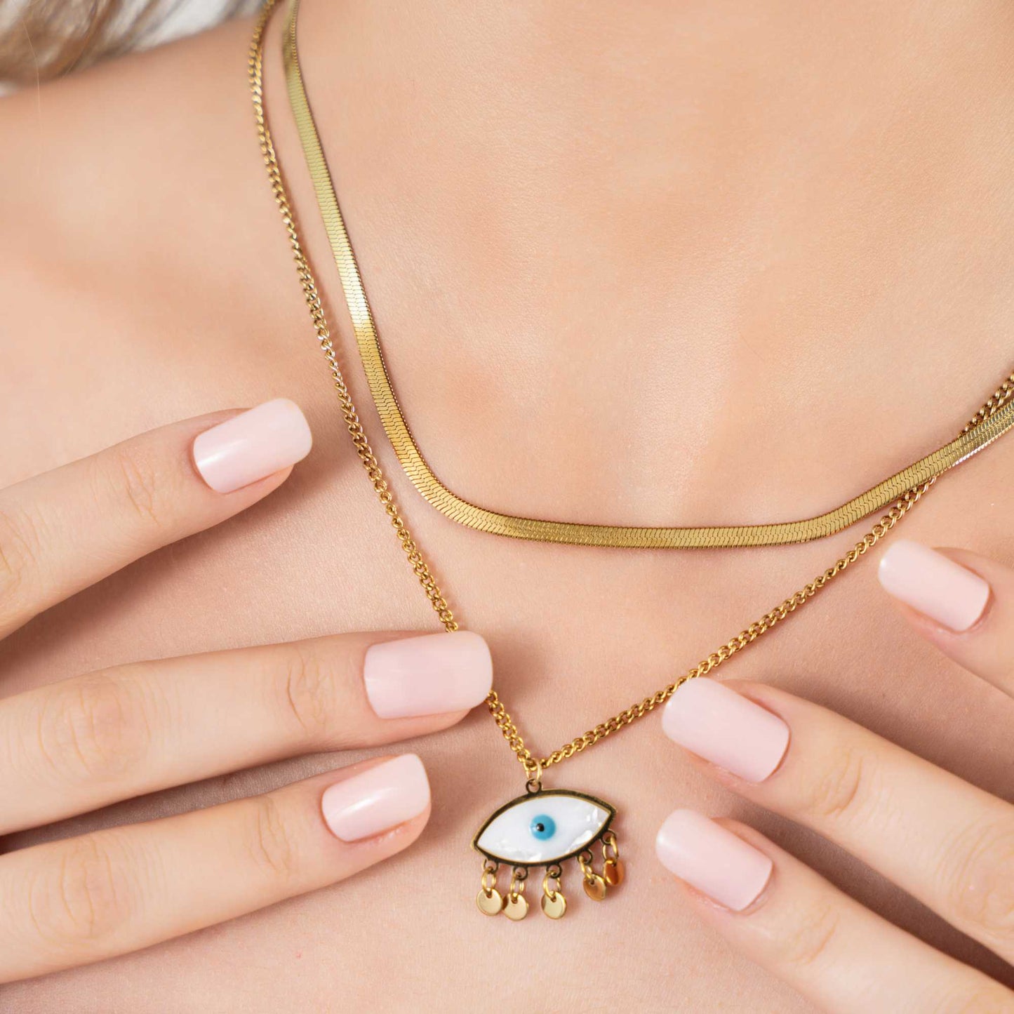 Buy Evil Eye Herringbone Multilayer Necklace - 18K Gold Plated online jewellery
