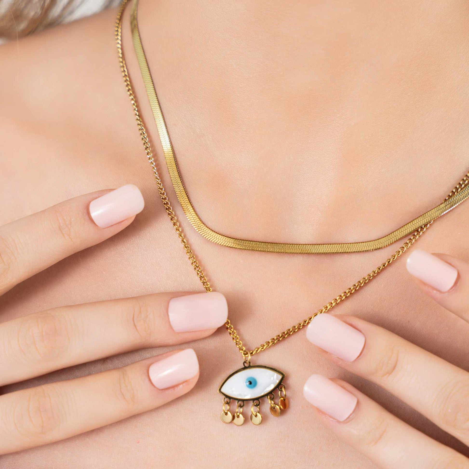 Buy Evil Eye Herringbone Multilayer Necklace - 18K Gold Plated online jewellery