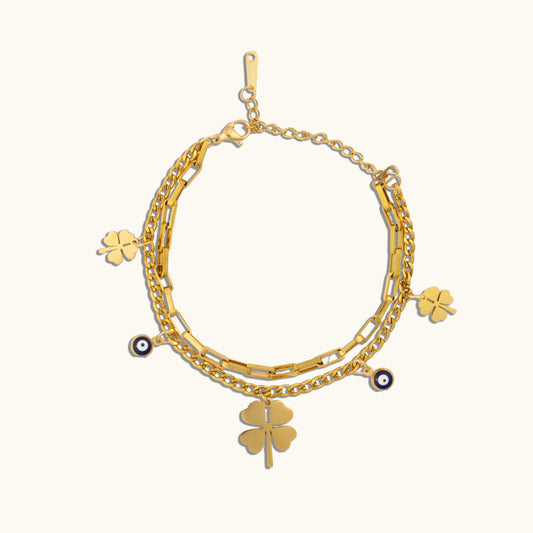 Evil Eye Flower Multi Layer Bracelet Stack - 18K Gold Plated