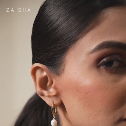 Pearl Drop Hoop Earrings - 18K Gold Plated