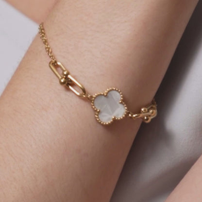 Classy Clover White and Gold Bracelet - 18K Gold Plated
