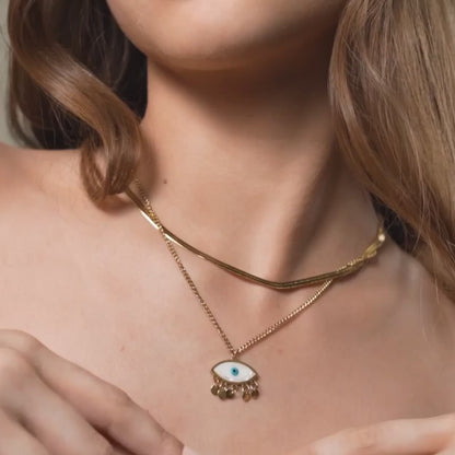 Evil Eye Herringbone Multilayer Necklace - 18K Gold Plated