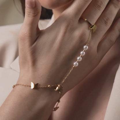 Tri Butterfly Pearl Ring Bracelet (2 in 1) - 18K Gold Plated