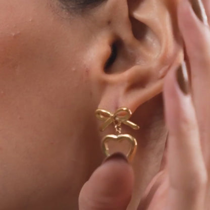 Bow Heart Earrings - 18K Gold Plated